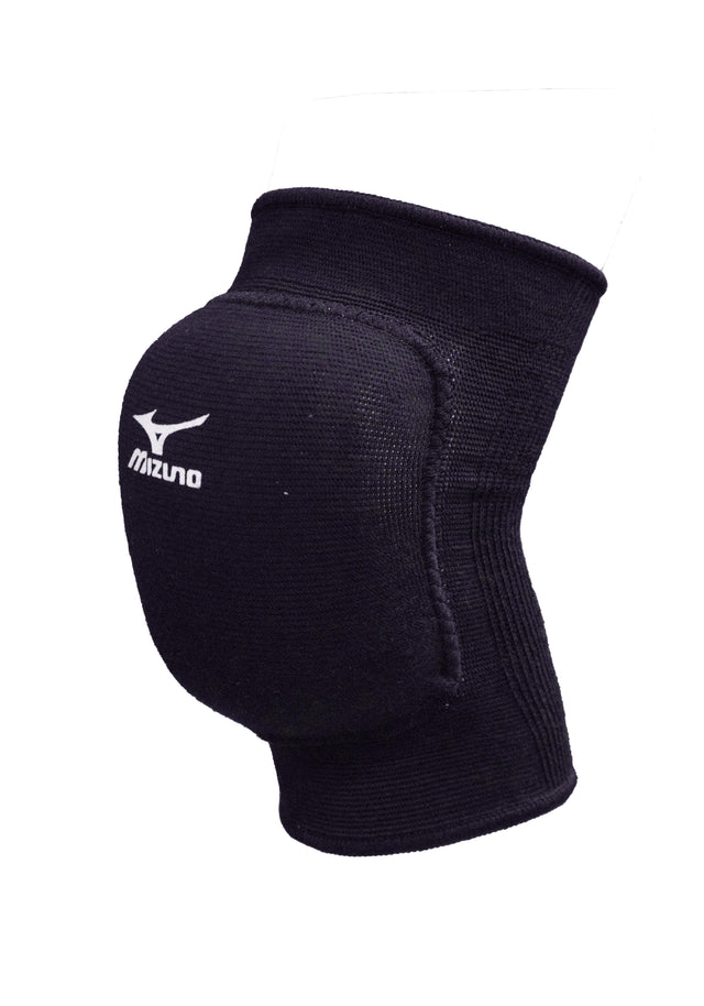 A black Mizuno junior knee pad with white logo