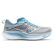 A pair of Saucony Ride 17 running shoes for women, featuring a gray upper with blue accents and a white sole.