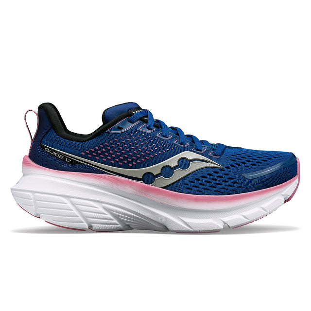 A pair of Saucony Guide 17 running shoes for women, featuring navy blue color with white and pink accents.