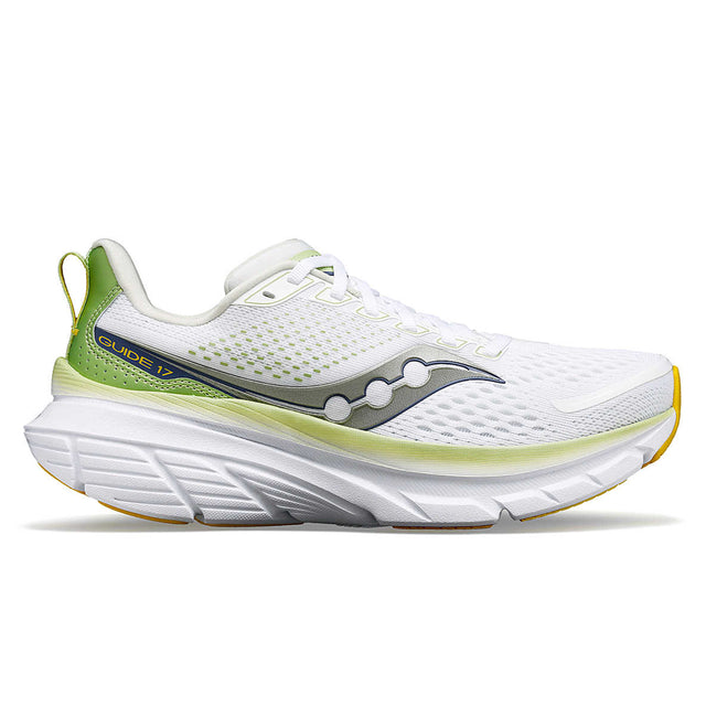 A Saucony Guide 17 running shoe with white uppers, green accents, and a gray sole.