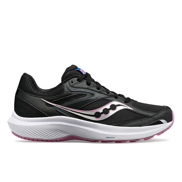 A pair of Saucony Cohesion 17 running shoes for women, featuring black with pink and white accents on the upper and a white sole.