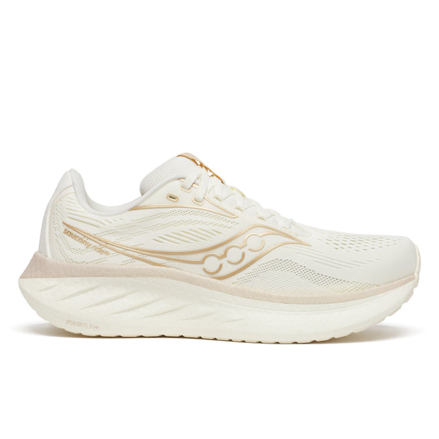 A pair of Saucony Ride 18 running shoes in a vanilla color, featuring a breathable upper design and a lightweight, responsive sole.
