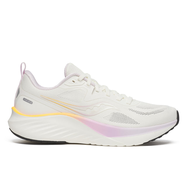 A pair of Saucony Lancer 3 women's running shoes in ivory and bloom colors, featuring a mesh upper material and a thick cushioned sole.