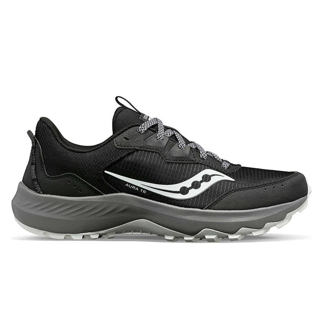 A pair of Saucony Aura Tr trail running shoes in black and gray colors, featuring a mesh upper and rubber traction sole.