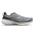 A pair of Saucony Guide 17 running shoes in gray color, featuring a wide fit and high sidewalls.