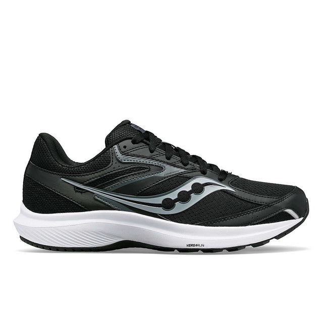 A pair of Saucony Cohesion 17 men's running shoes featuring black and white color with mesh fabric upper and a thick sole.