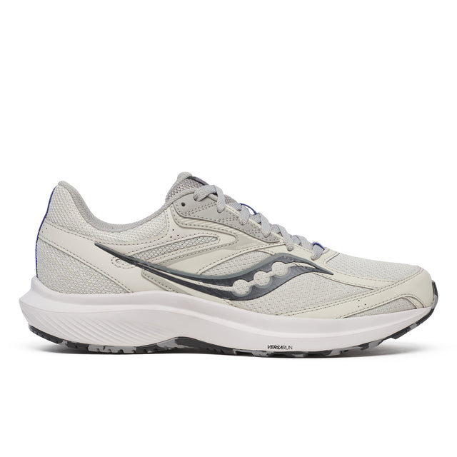 A pair of Saucony Cohesion 17 running shoes for men, featuring a beige and gray color scheme with blue accents.