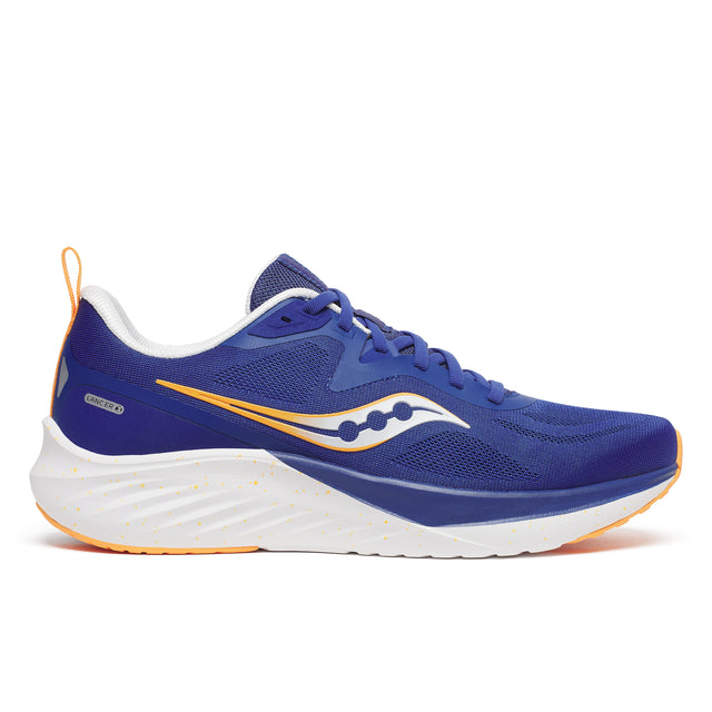 A pair of Saucony Lancer 3 running shoes with blue uppers and white and orange accents.