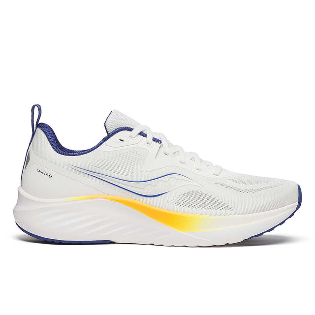 A pair of Saucony Lancer 3 running shoes with a white and peel color scheme, featuring a mesh upper with a secure fit and a yellow accent on the sole.