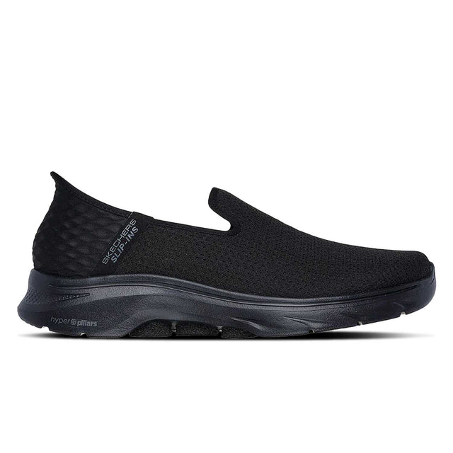A black Skechers GO WALK 7 Daley 2 slip-on shoe with a mesh upper and a stable sole design.