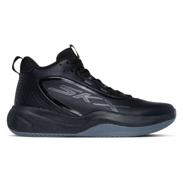 A black high-top Skechers basketball shoe with a leather upper and a rubber outsole visible in the image.