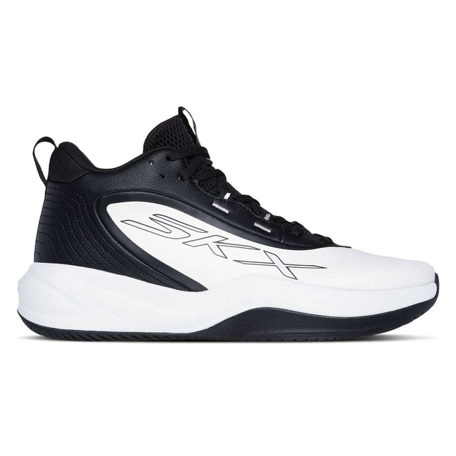 A high-top basketball shoe with a white perforated leather upper, black accents, and a white sole.