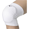 A white Mizuno knee pad designed for volleyball, providing patella, lateral, and medial protection.
