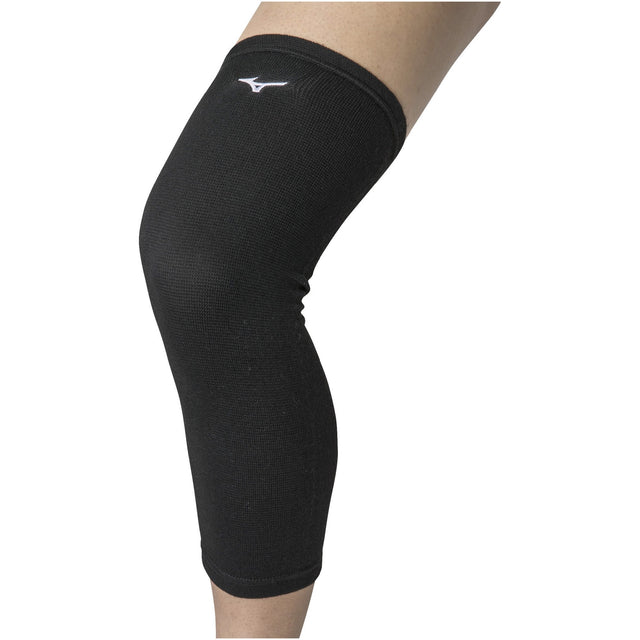 A black Mizuno leg sleeve worn on the left leg, covering from the foot to the thigh, with the Mizuno logo visible on the upper part.