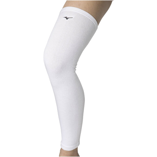 A white Mizuno legsleeve worn on the left leg, covering from the foot to the thigh with a small Mizuno logo visible at the top.
