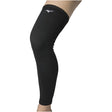 A black Mizuno legsleeve worn on the left leg, covering from the foot to the thigh, with the Mizuno logo visible on the upper part.