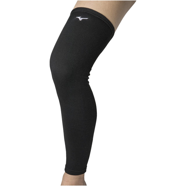 A black Mizuno legsleeve worn on the left leg, covering from the foot to the thigh, with the Mizuno logo visible on the upper part.