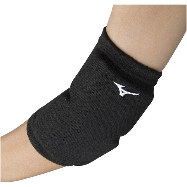 A black Mizuno elbow pad worn on the arm, featuring a white Mizuno logo on the front.