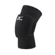 A black Mizuno knee pad with white logo on the front.