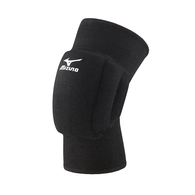 A black Mizuno knee pad with white logo on the front.