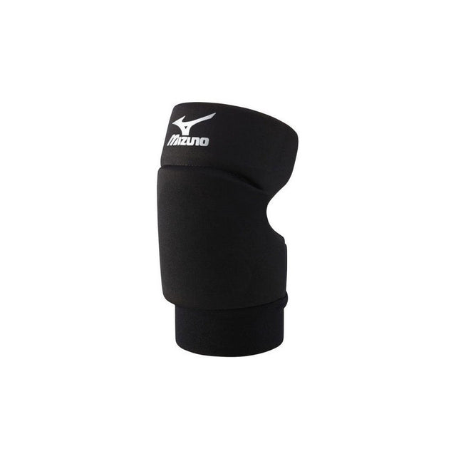 A black Mizuno open back knee pad designed for volleyball and handball players, featuring a snug fit and cushioning padding.