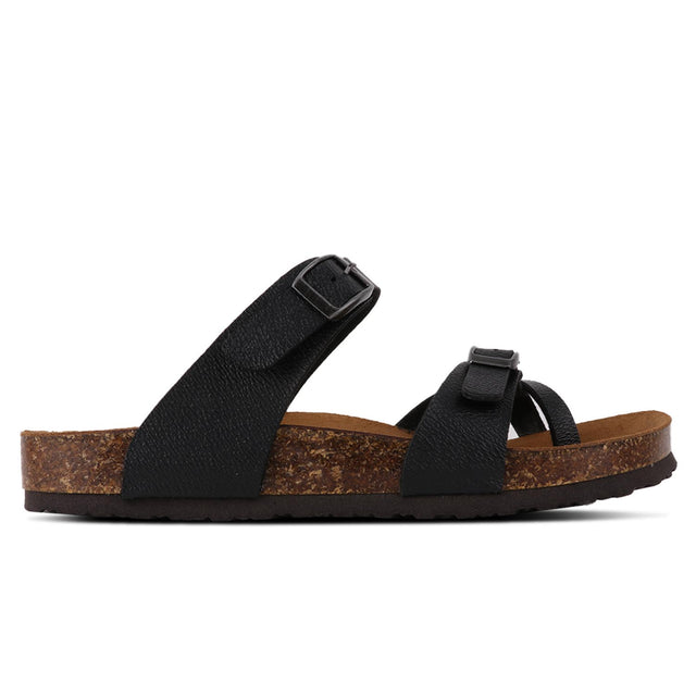 A black microfiber sandal with a cork-like sole and adjustable buckle strap.