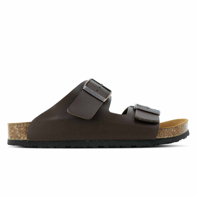 A chocolate brown Outland sandal with adjustable Velcro straps and a flat sole.