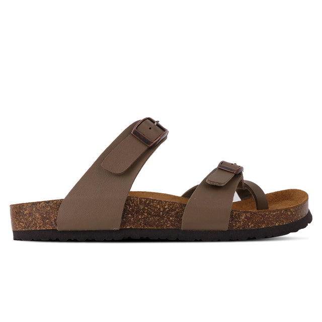 A pair of brown Outland Auckland sandals with microfiber upper and leather sole, featuring a buckle closure and a cork-like design on the footbed.
