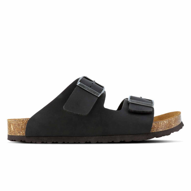 A black Outland Delaware sandal with two straps and a cork sole.