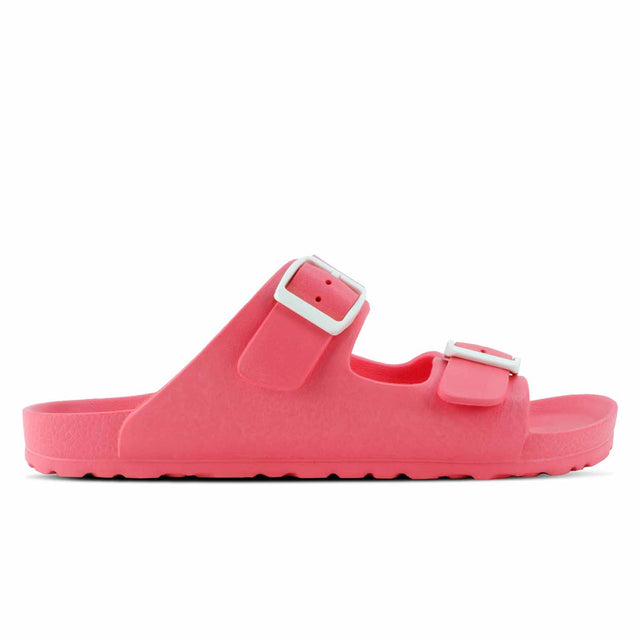 A pair of peach-colored Outland Minnesota sandals made from EVA material, featuring two buckle straps and a flat sole.