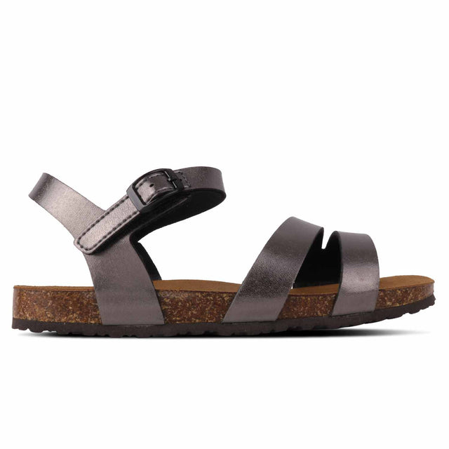 A metallic gray Outland Perth sandal with microfiber upper and leather lining, featuring an ankle strap and a cork-like sole.