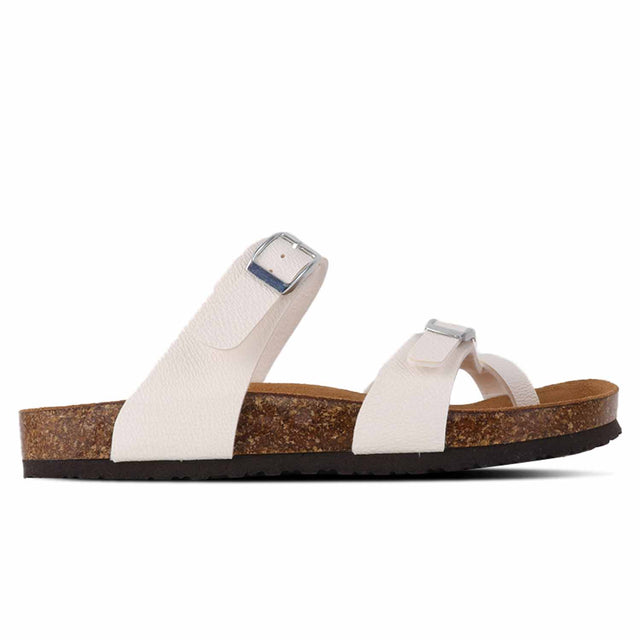 A pair of white Outland Auckland sandals with adjustable straps and a cork-like sole.