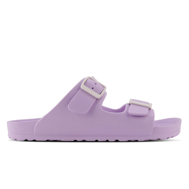 A pair of lavender-colored Outland sandals with a buckle strap and flat sole.