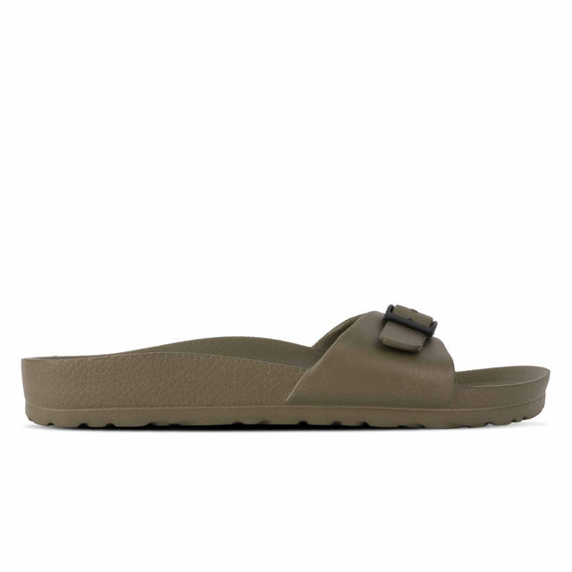 A khaki-colored EVA sandal with a buckle strap and flat sole.
