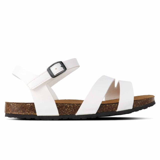 A white Outland Perth sandal with microfiber upper and leather lining, featuring an ankle strap with a buckle and a flat sole.