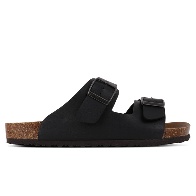 A black microfiber sandal with leather lining and EVA sole, featuring two adjustable straps with buckle closures on a white background.