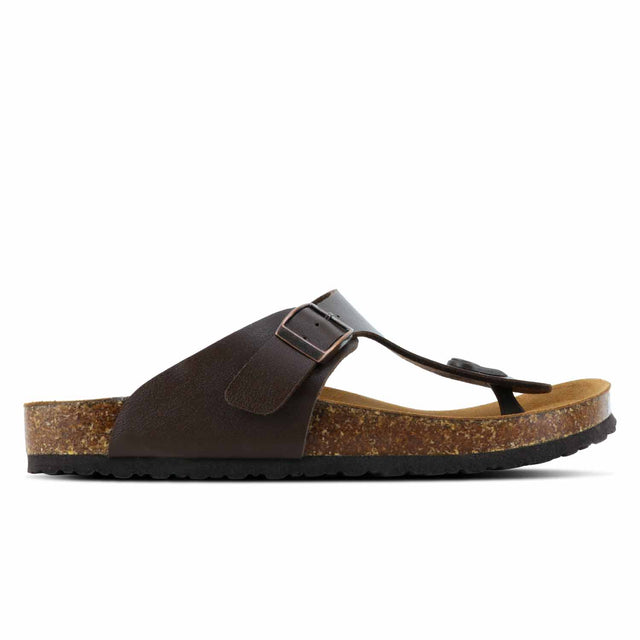A brown Outland sandal with microfiber upper and leather sole, featuring a buckle strap and a cork-like texture.