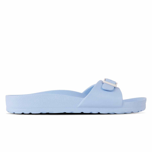 A single light blue EVA slipper with a buckle strap.