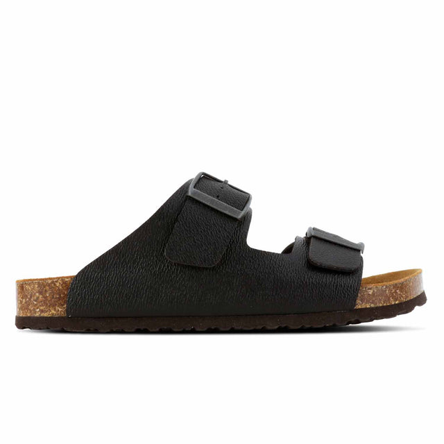 A black microfiber sandal with suede lining and EVA sole, featuring two adjustable buckles and a cork-like base.