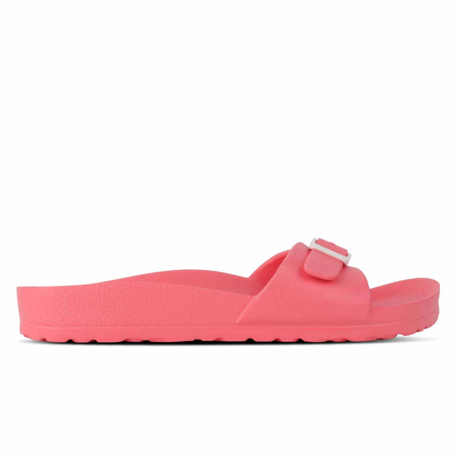 A peach-colored EVA slipper with a buckle strap.