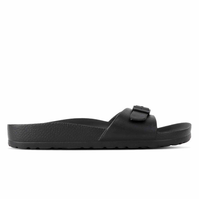 A black EVA slipper with a buckle strap and flat sole.