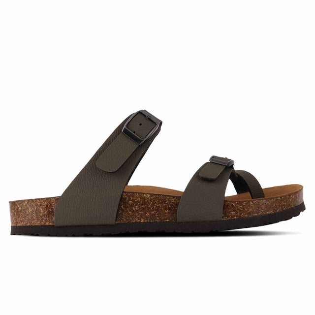 An olive green microfiber sandal with leather lining and EVA sole, featuring two straps and a buckle closure.