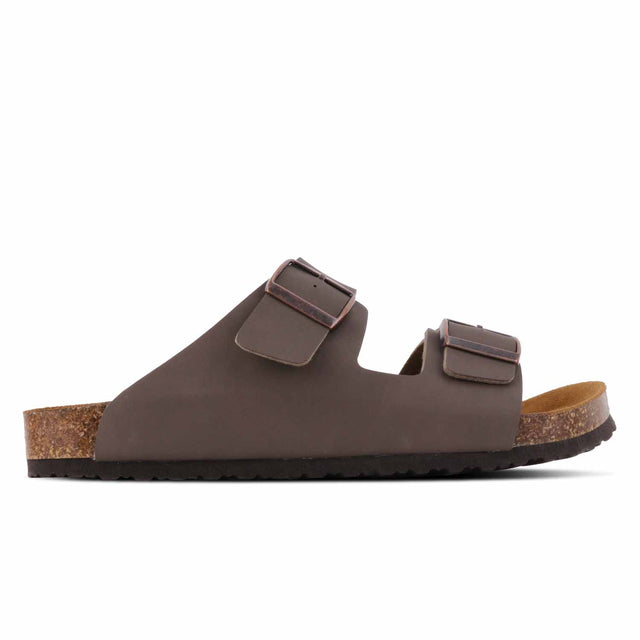 A chocolate brown microfiber upper Outland sandal with suede lining and EVA sole, featuring two Velcro straps.