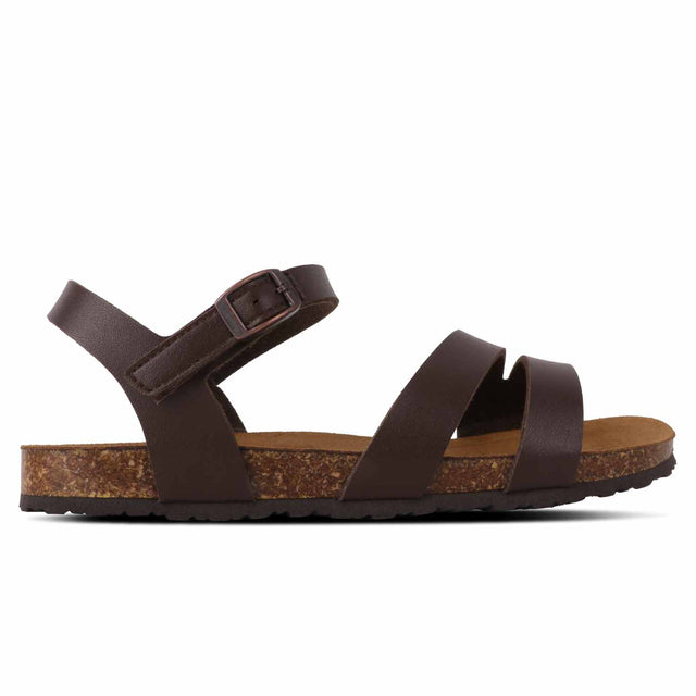 A brown microfiber sandal with leather lining and EVA sole, featuring an ankle strap and two parallel straps across the footbed.