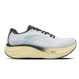 White running shoe with black and yellow sole on a white background