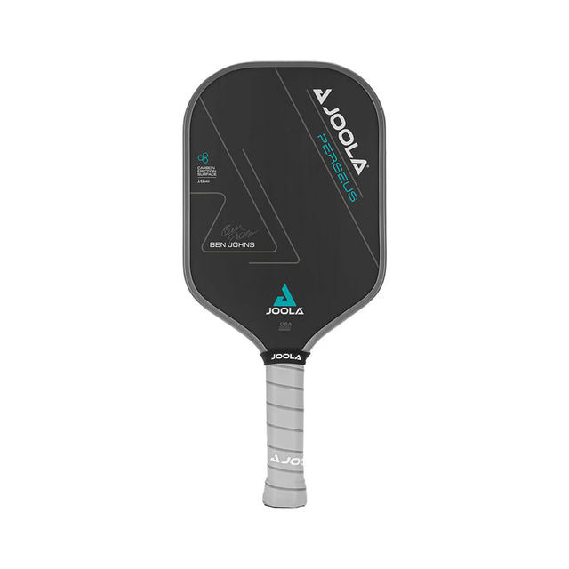 Black pickleball paddle with gray handle on a white background