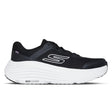 Black running shoe with white sole on a white background
