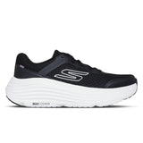 Black running shoe with white sole on a white background