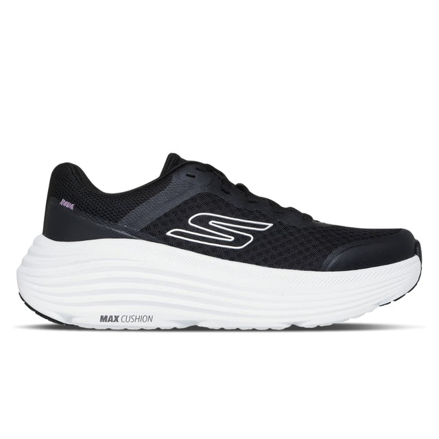 Black running shoe with white sole on a white background