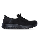 Black sneaker with brand logo on a white background